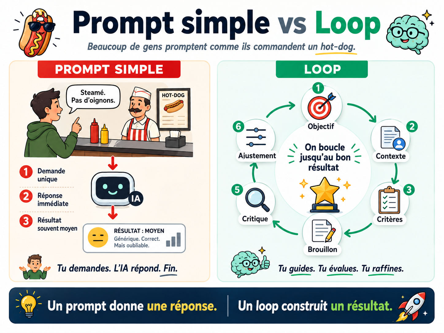 Infographie comparant le prompt simple et la boucle (loop) en IA