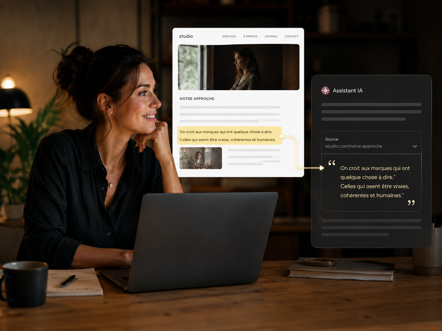 Une page web dont un passage surligné est extrait et cité entre guillemets dans une conversation avec une IA