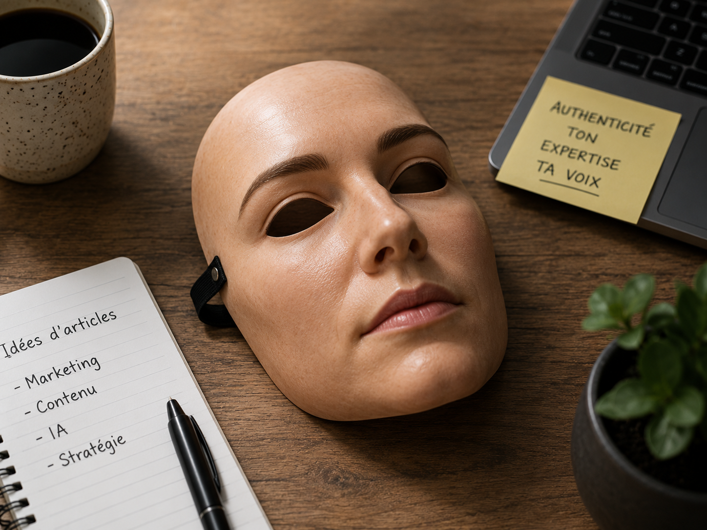 Masque posé sur un bureau avec post-it : Authenticité, ton expertise, ta voix