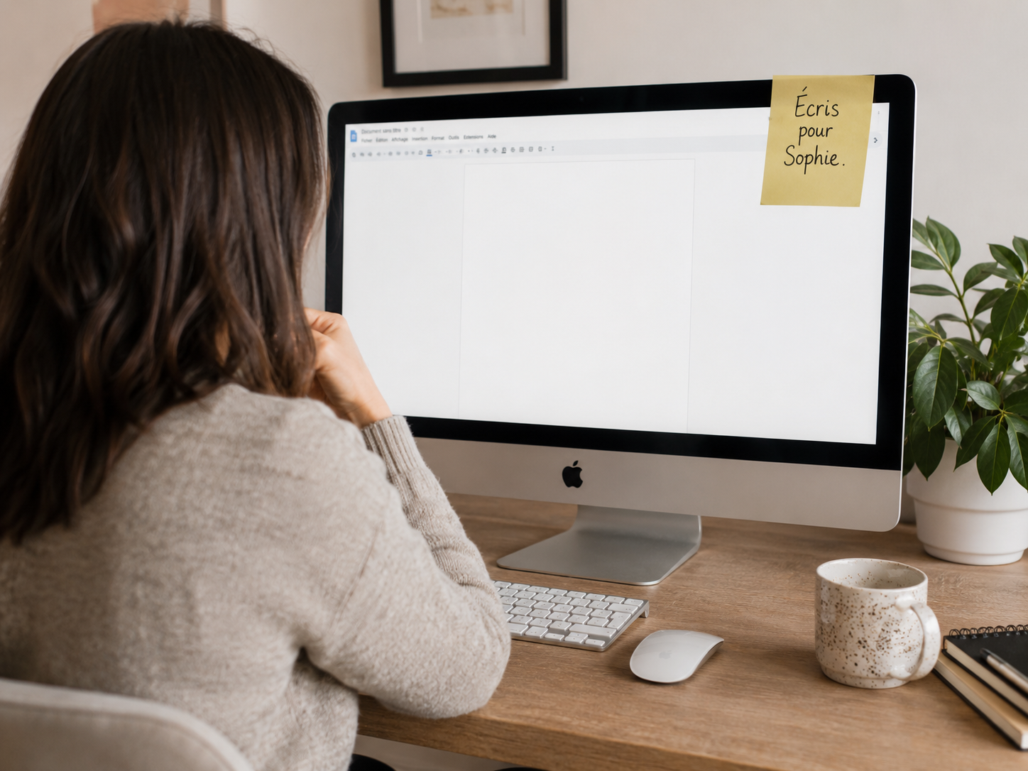 Femme devant un iMac avec un post-it « Écris pour Sophie »