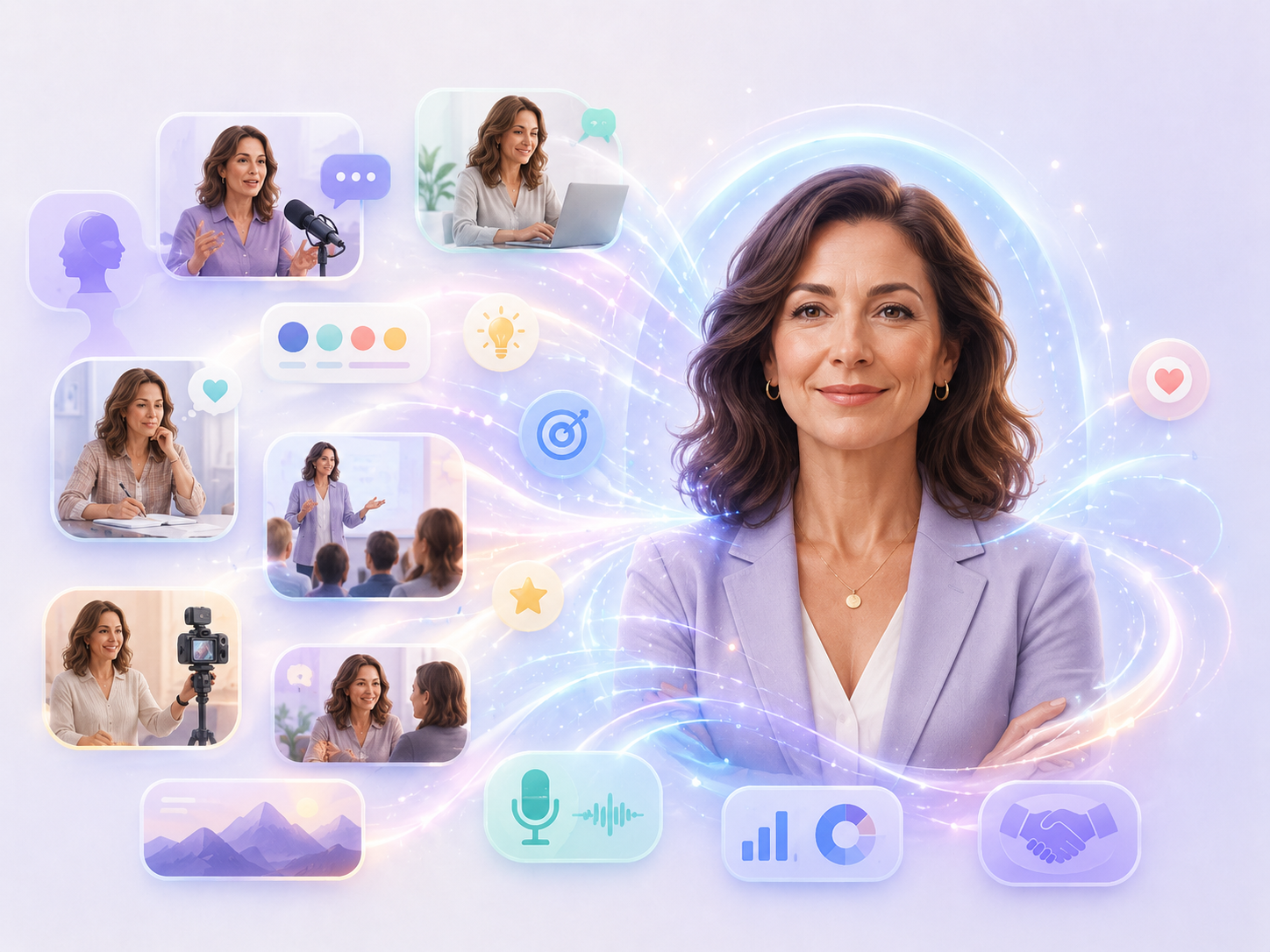 Plusieurs fiches d'identité éparpillées avec des informations différentes qui s'assemblent en un seul portrait net d'une entrepreneure