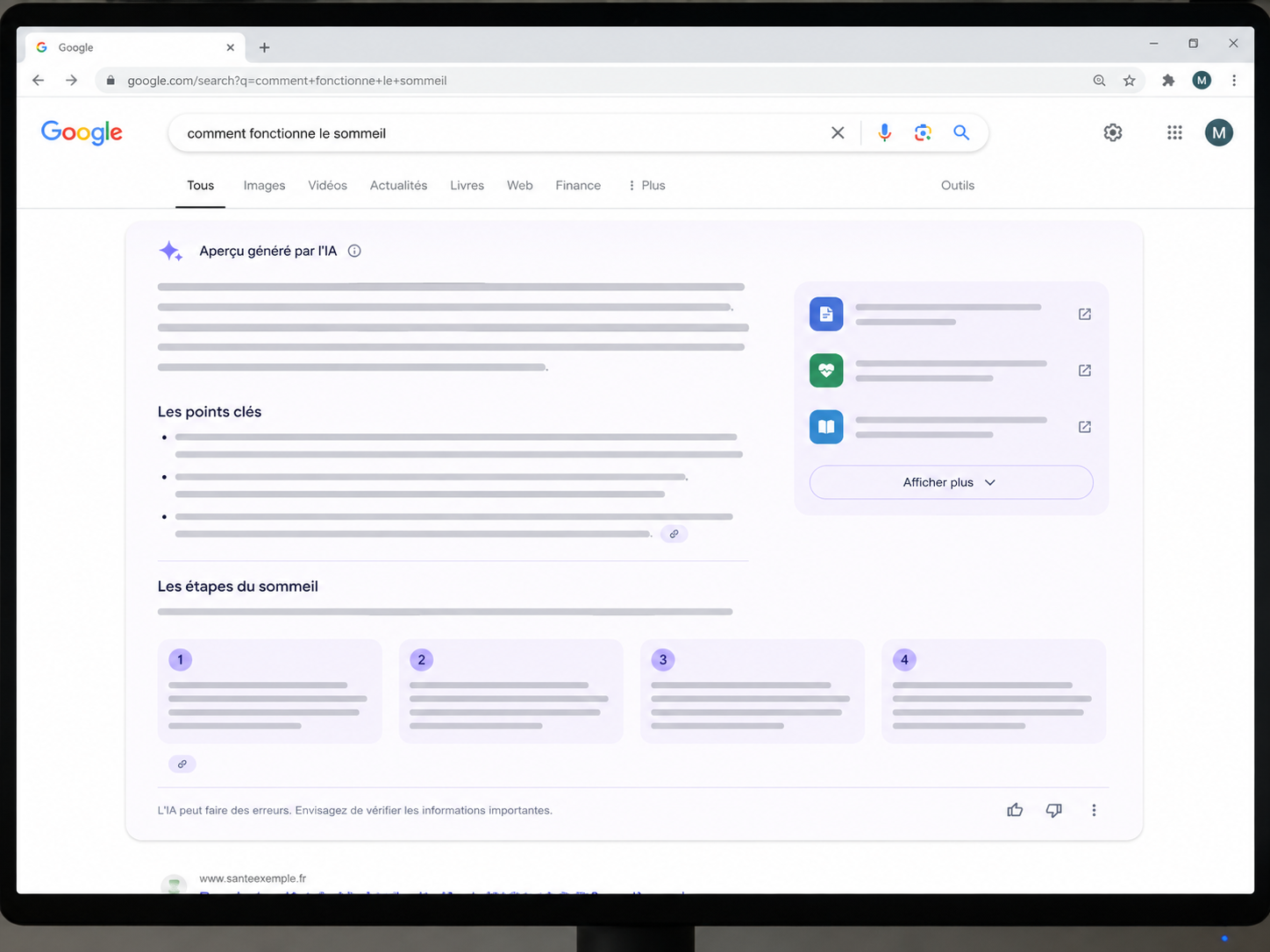 Page de résultats Google où la réponse IA occupe tout l'écran et repousse les sites web hors de la vue
