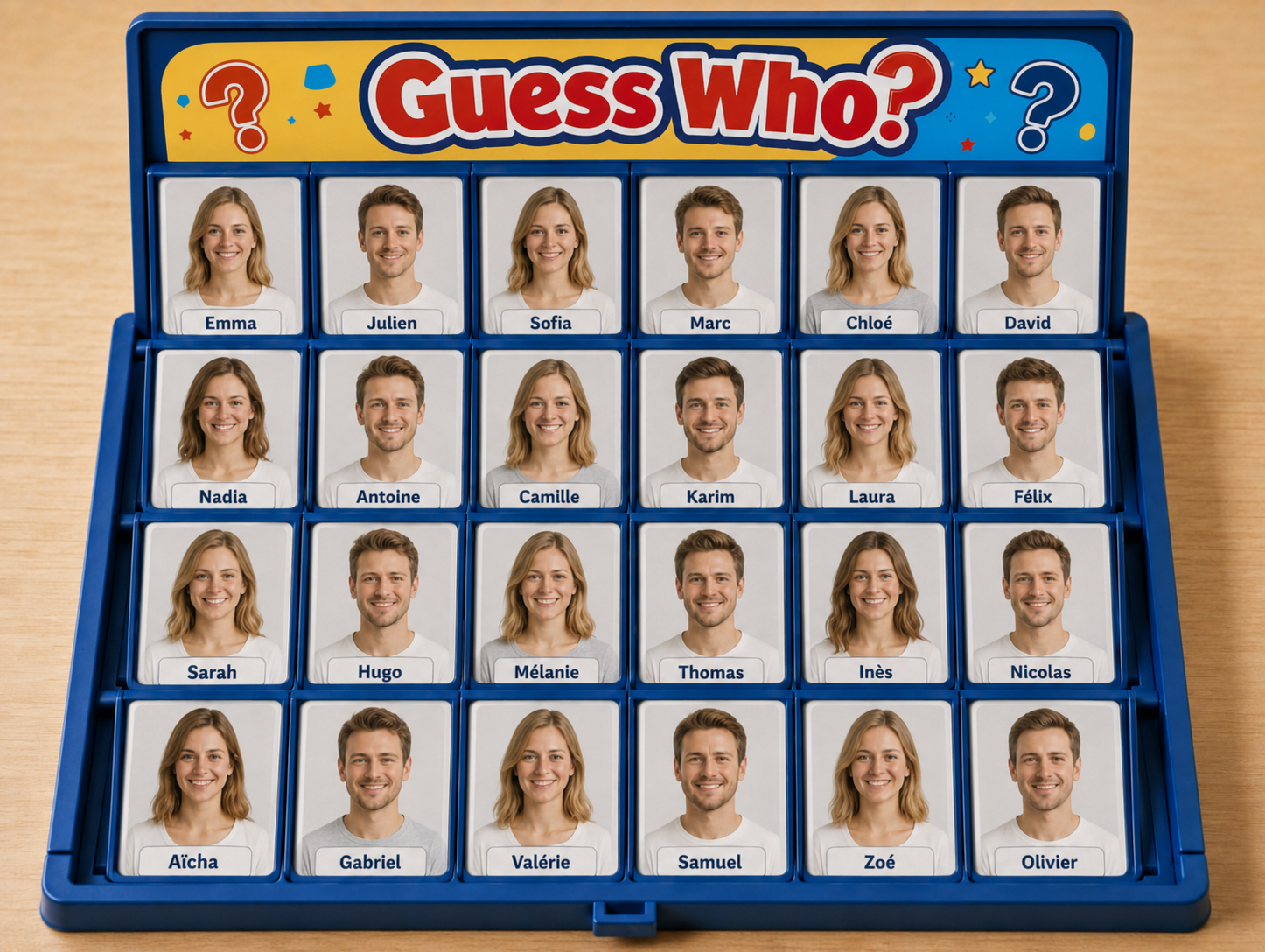 Plateau de jeu Guess Who avec des portraits générés par IA qui se ressemblent presque tous