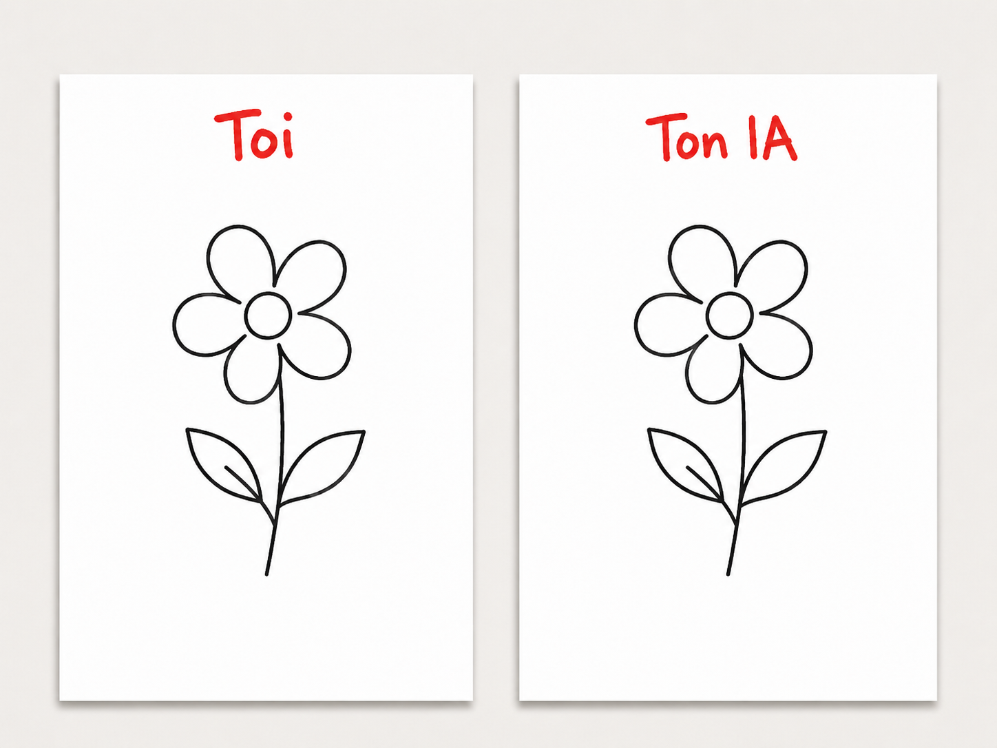 Deux feuilles au texte identique côte à côte, une étiquetée « Toi » et l'autre « Ton IA »
