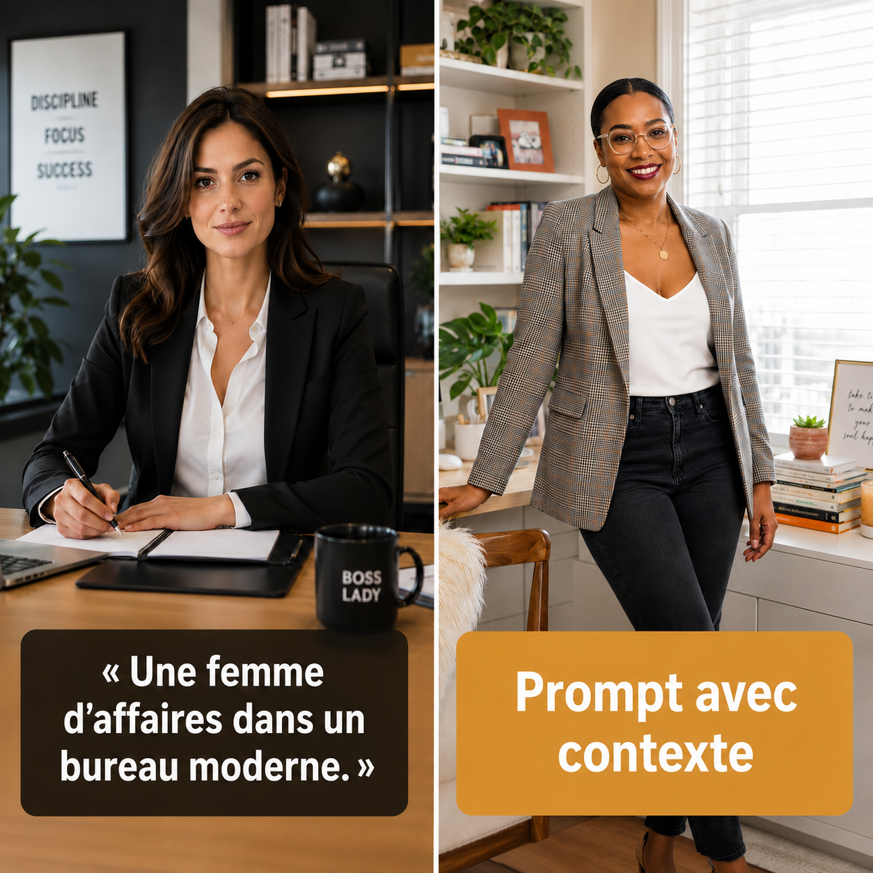 Deux photos côte à côte façon polaroid : à gauche, la femme d’affaires stéréotypée en blazer noir ; à droite, une femme dans un vrai bureau à la maison, avec des étagères pleines et de la lumière naturelle