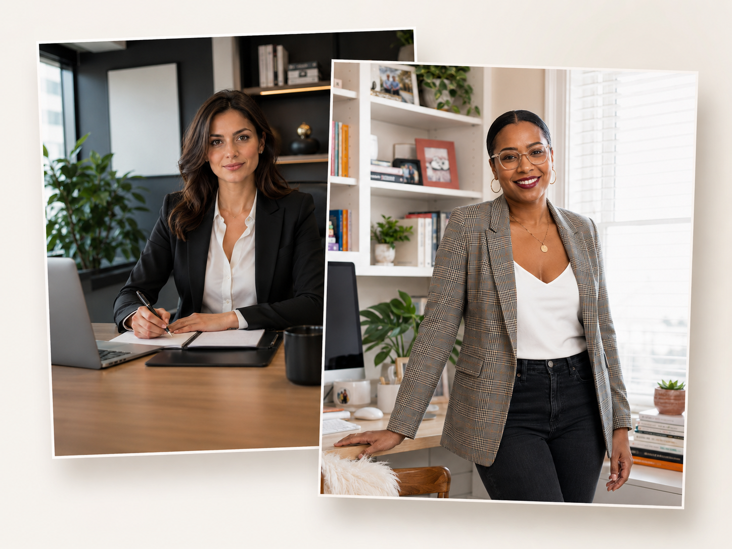 Comparaison de deux images IA : une femme d’affaires stéréotypée à gauche, une femme dans un vrai bureau à la maison à droite