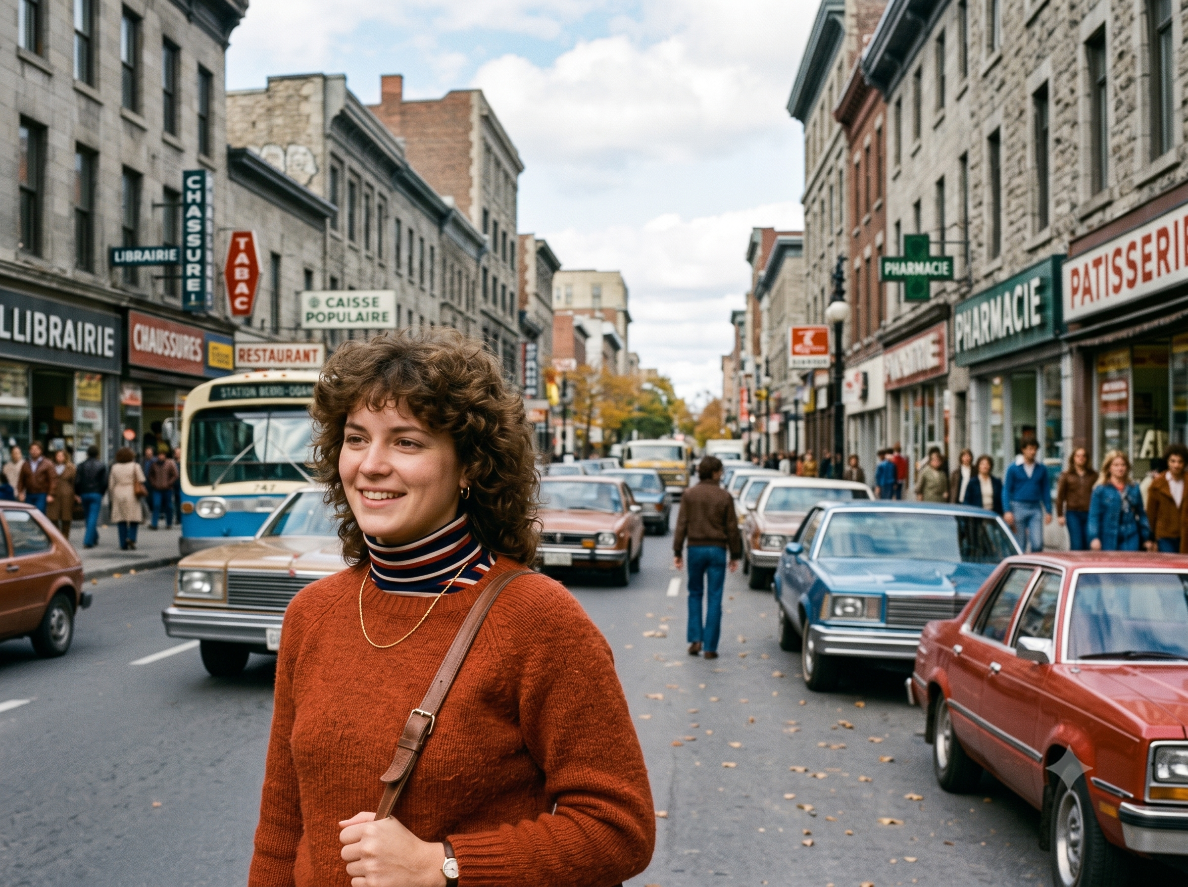 Femme souriante sur une rue animée de Montréal dans les années 1980