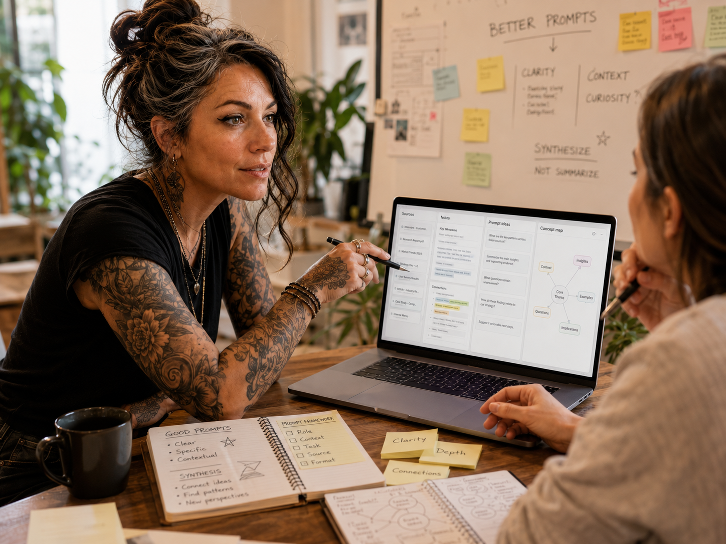 Femme tatouée analysant des données sur son ordinateur avec des post-its