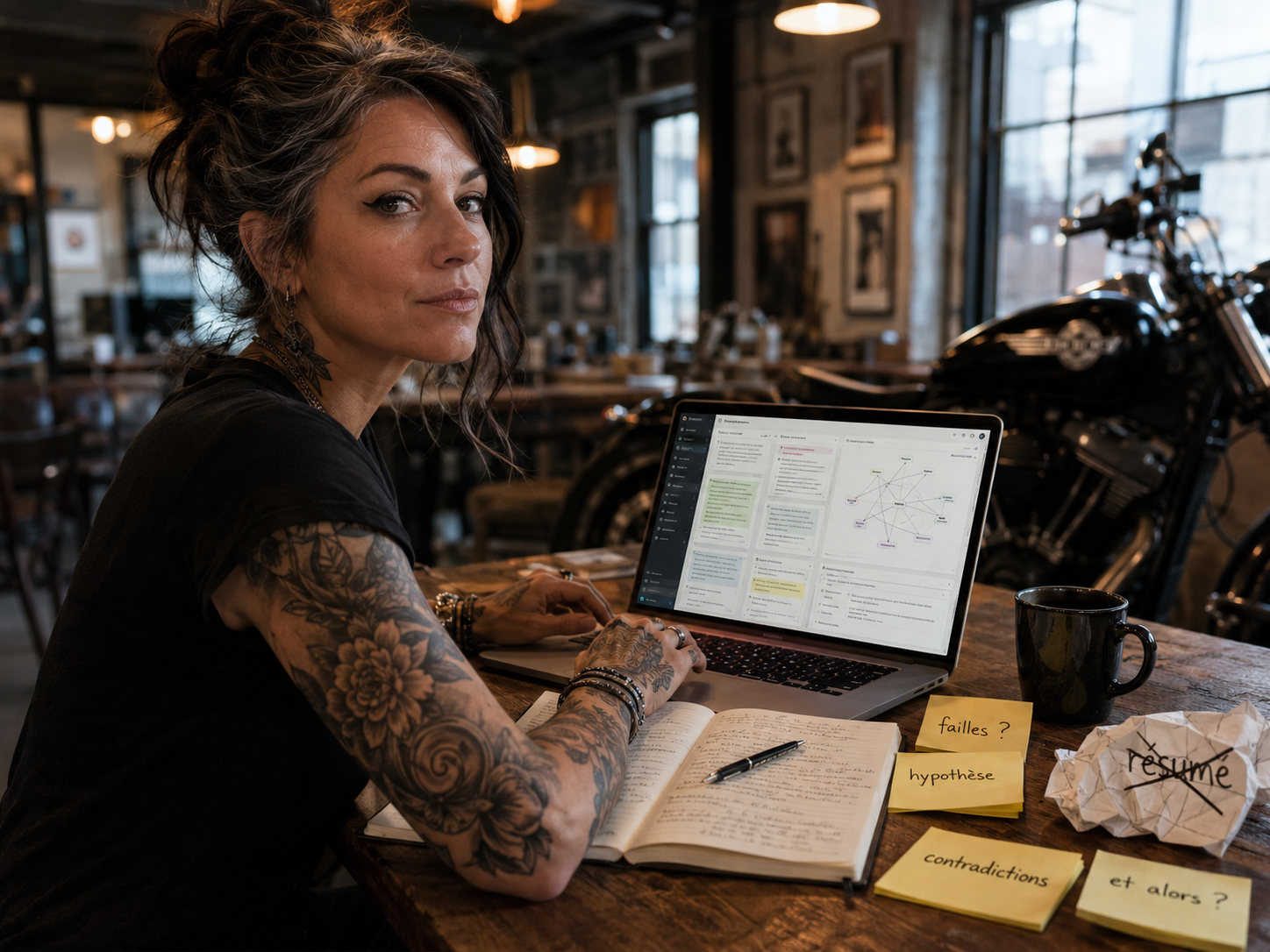 Femme tatouée analysant des données sur son ordinateur avec des post-its