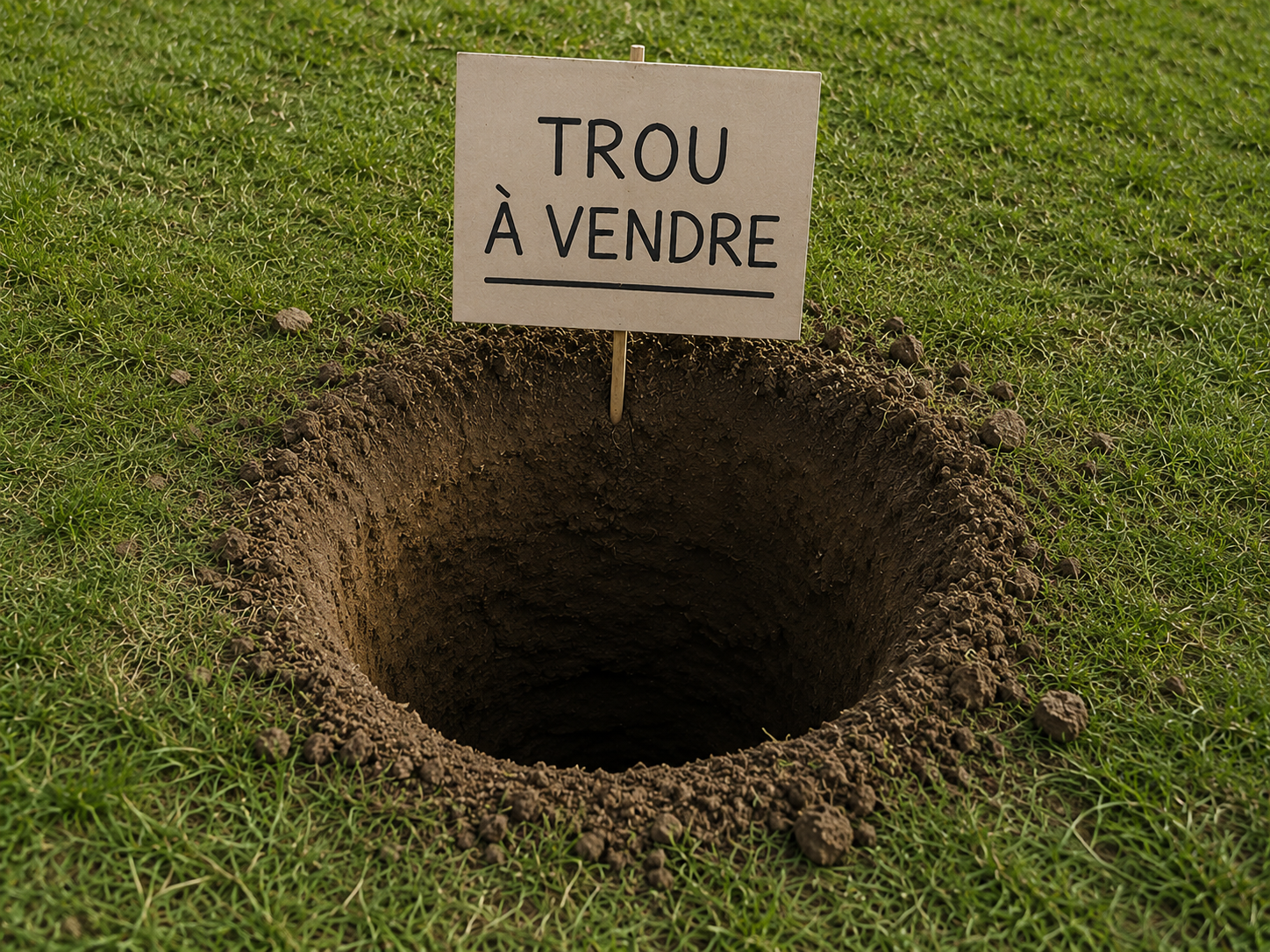 Panneau planté dans un trou de gazon : Trou à vendre