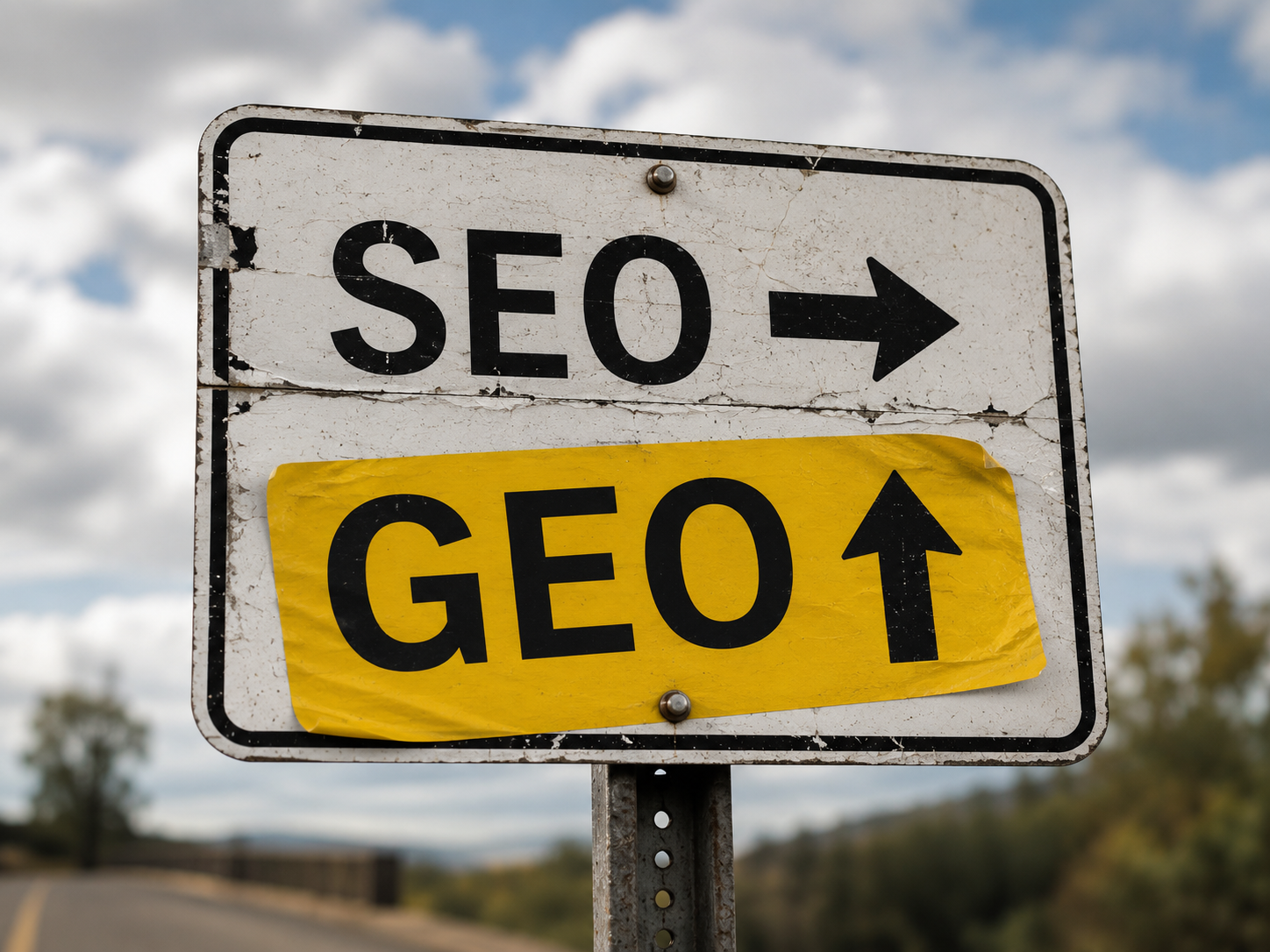 Panneau routier SEO barré et remplacé par GEO