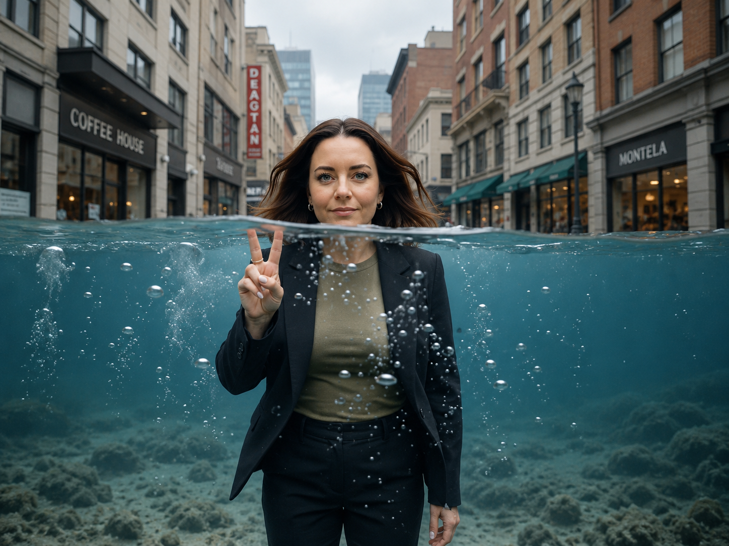 Vidéo générée avec Google Flow, une femme dans une scène urbaine submergée par l'eau