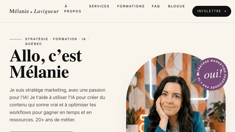 Le site web de Mélanie Lavigueur, bâti en 3 jours avec Claude